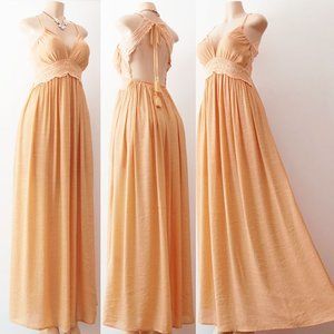 Yellow Crochet Lace Open Back Halter Maxi Dress